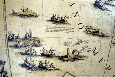 Bálnavadászat a Csendes-óceánon. Részlet egy 17. századi Coronelli földgömbről. alkotó: Vincenzo Maria Coronelli