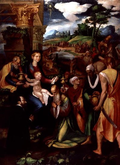 Mágusok imádása donorral (olaj és tempera a panelen) alkotó: Vincenzo da (d.1557) Pavia