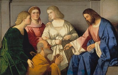 La Remise des clefs a saint Pierre - Krisztus adja a kulcsokat Szent Péternek - Catena, Vincenzo di Biagio (kb. 1470-1531) - kb. 1520 - Olaj, fa - 86x135 - Museo del Prado, Madrid alkotó: Vincenzo di Biagio Catena
