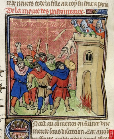 Részlet a Pastoureaux-i harmadik keresztes hadjárat miniatúrájáról. Zsidók kidobták gyermekeiket egy toronyból, 1380 után alkotó: Virgil Master