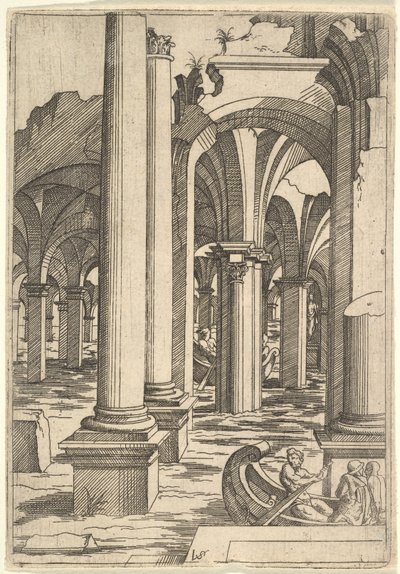 Csónakok eveztek át elárasztott romokon, kb. 1550-62. alkotó: Virgil Solis