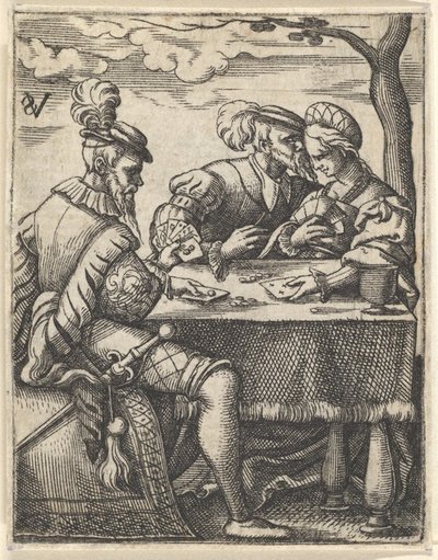 Két férfi és egy nő kártyáznak egy asztalnál, egy férfi az orrát a ... felé nyomja, kb. 1535-62. alkotó: Virgil Solis