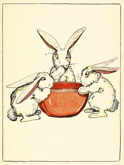 Flopsy, Mopsy és Cotton-Tail kenyeret, tejet és szedret fogyasztott vacsorára, a The Tale of Peter Rabbit kocsmából. 1916 (színes litó) alkotó: Virginia Albert
