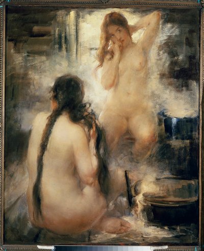 Dans un bain devapor (szauna) - Gőzfürdőben - Két meztelen fiatal nő fésüli a haját, és élvezi a hagyományos orosz hidroterápia előnyeit - Vitalij Gavrilovics Tikhov (1876-1939) festménye, olaj, vászon, XX. század eleje - Orosz művészet -Gyűjt alkotó: Vitali Gvrilovich Tikhov