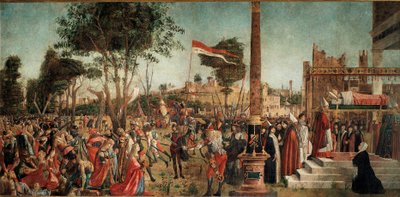 Szent Orsolya életciklusa: a zarándokok vértanúsága és Szent Orsolya temetése alkotó: Vittore Carpaccio