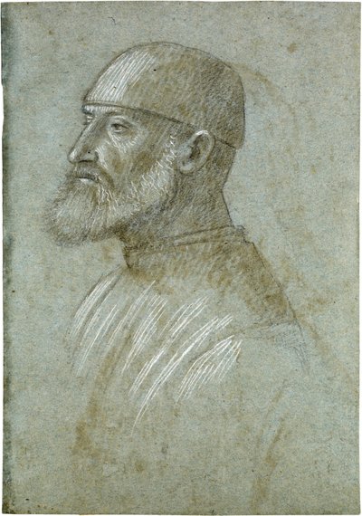 Sapkás, szakállas férfi feje, balra néző profilból alkotó: Vittore Carpaccio