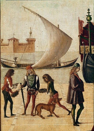 Szent Orsolya legendája: részlet a nagykövetek érkezése (Jacopo da Varagine arany legendájából) (tempera a vásznon alkotó: Vittore Carpaccio