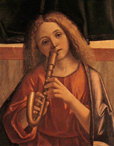 Minstrel angyal, részlet a Jézus bemutatása a templomban című filmből alkotó: Vittore Carpaccio