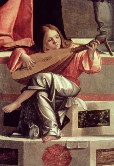 Lantos angyal játszik, részlet a Jézus bemutatása a templomban című képből. alkotó: Vittore Carpaccio