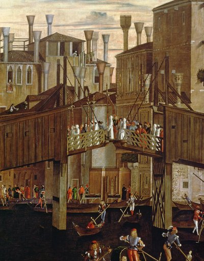 A Szent Kereszt ereklyéjének csodája, a régi Rialto-híd részlete, a Scuola di San Giovanni Evangelista-ból, 1494 körül alkotó: Vittore Carpaccio