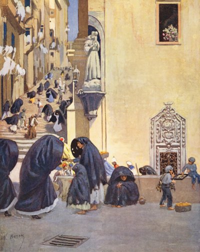 Málta: Vallettában a San Francesco templom egyik sarka (színes litográfia). alkotó: Vittorio Boron