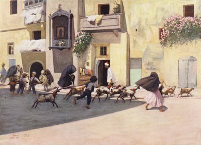 Málta: Valletta egyik népszerű negyedében egy jellegzetes sarok (színes litográfia). alkotó: Vittorio Boron