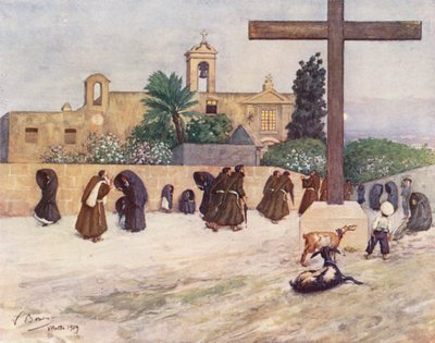 Málta: Floriana: Naplemente után a kapucinus kolostorban (színes litográfia). alkotó: Vittorio Boron