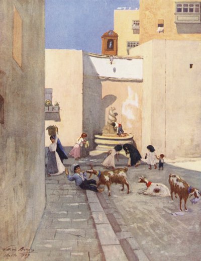 Málta: Valletta: szökőkút egy népszerű negyedben (színes litográfia). alkotó: Vittorio Boron