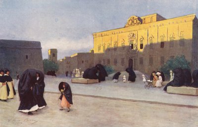 Málta: Piazza Regina, Valletta, naplementében (színes litográfia) alkotó: Vittorio Boron