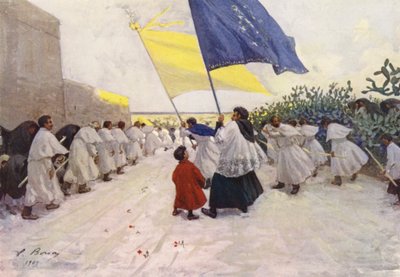 Málta: Citta Vecchia (színes litográfia): felvonulás a naplementében. alkotó: Vittorio Boron