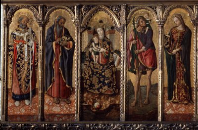 ""Madonna és a gyermek a szentekkel"" képviselteti magát: Myre-i vagy Bari Szent Miklós (270-345), Szent Antal apát (Nagy Szent Antal (250/251-356) (vagy Szent Antal remete), Szent Kristóf és Szent Katalin (Alexandriai?). alkotó: Vittorio Crivelli