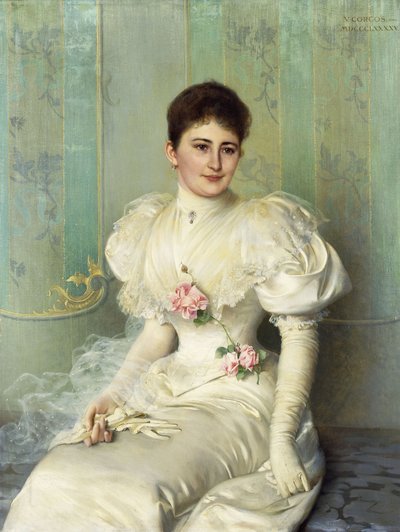 Háromnegyed hosszban ülő hölgy portréja, fehér ruhát visel alkotó: Vittorio Matteo Corcos