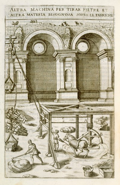 Lóerővel hajtott gép építőanyagok emelésére, a "Nuovo Teatro di Macchine ed Edifici", pub. 1607 alkotó: Vittorio Zonca