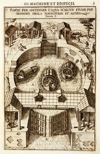 Hidraulikus gép egy csatorna vagy folyó zsilipjéhez, 1607 alkotó: Vittorio Zonca