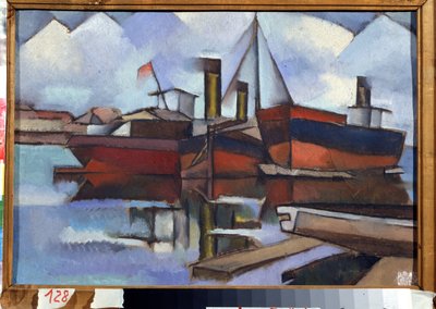 Gőzhajók - Vladimir Davidovich Baranov Rossine (Baranov-Rossine) festménye (Wladimir Daniel Baranoff Rossine (Baranoff-Rossine) (1888-1944) - Olaj, vászon, 35,5 x 51,5 cm alkotó: Vladimir Davidovich Baranov-Rossine