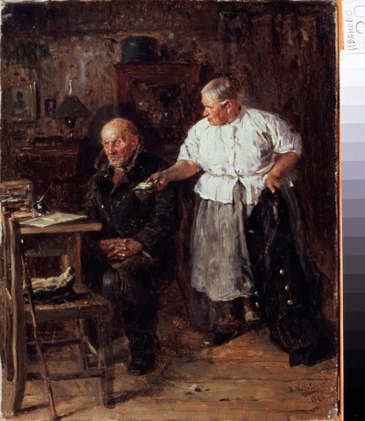 A szemrehányás (A szidás). Egy idős házaspár a belső térben, a feleség szemrehányást tesz férjének, megmutatja neki a pénztárcáját. Vlagyimir Jegorovics Makovszkij (Makovszkij, Makovskij) (1846-1920) festménye, olaj, vászon alkotó: Vladimir Egorovic Makovsky
