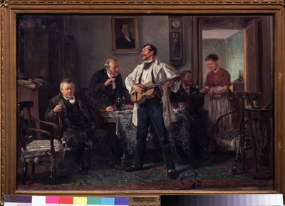 Barátok. A nappaliban egy asztal körül összegyűlve egy gitárost hallgatnak, aki énekel, miközben egy nő új üveg bort hoz nekik. Vlagyimir Jegorovics Makovszkij (Makovszkij, Makovskij) festménye (1846-1920), olajfestmény alkotó: Vladimir Egorovic Makovsky