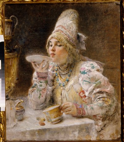 Tea idő. (Egy bojár nő (boiard, boiar), a Moszkvai Hercegség hagyományos ruhájában és fejdíszében ül egy szamovár mellett, és issza a teát, amit a csésze csészealjjába töltött). Konsztantyin Jegorovics Makovszkij festménye (Constantin Mako alkotó: Vladimir Egorovic Makovsky