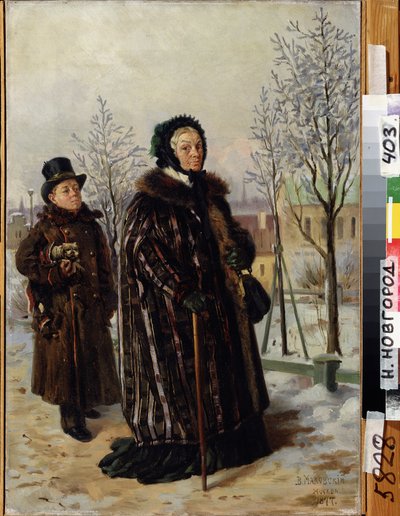 Egy idős hölgy sétája. (An Old Lady Walk). A havas park ösvényén sétálva egy fiatal férfi követi, aki kis kutyáját cipeli. Vlagyimir Jegorovics Makovszkij (Makovszkij, Makovskij) (1846-1920) festménye, olaj, vászon alkotó: Vladimir Egorovic Makovsky