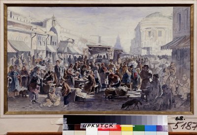 A moszkvai bolhapiac (Oroszország) (The Second Hand Market In Moscow). Utcai jelenet, foltos, foltos ruhás szereplőkkel, van, aki egy barakk előtti asztaloknál eszik, mások a kínált árukat nézegetik, megint mások bujkálnak alkotó: Vladimir Yegorovich Makovski
