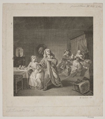 Szülőház III. felvonás 6. jelenete. Metszet Lorenzen Holberg Galériája nyomán. alkotó: WIlhelm Heuer