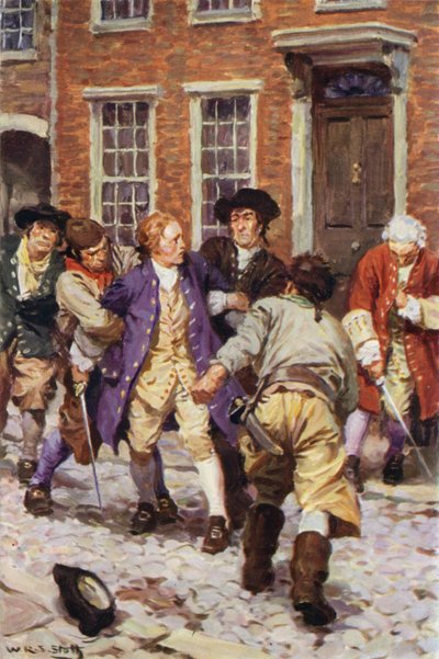 "Ebben a pillanatban számos fickó rohant be és megragadta Jonest" (színes litho) alkotó: W.R.S. (after) Stott