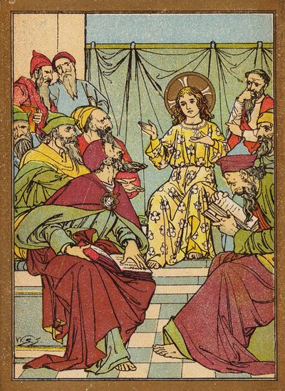 Jézus a templomban az orvosokkal beszélgetve (színes litográfia) alkotó: W.S. Stacey