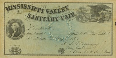 Üres illusztrált hozzájárulási bizonyítvány a Mississippi -völgyi egészségügyi vásáron, 1864. május 7 -én nyújtott adományokhoz alkotó: W. A. Rosecrans
