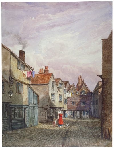 Nézet egy nőről és egy gyermekről, akik a Crown Courton sétálnak, Bermondsey, London, 1825 alkotó: W Barker