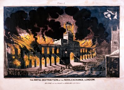 A Royal Exchange 2. tűzvész szörnyű pusztítása, London, 1838 alkotó: W Clerk