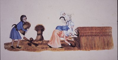 Középkori nők kukoricát aratva, a Luttrell Zsoltár jelenete után (színes litó) alkotó: John Ward Dunsmore