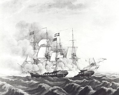 USS Constitution és HMS Guerriere (litho) alkotó: John Ward Dunsmore