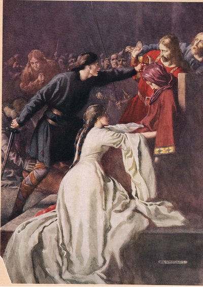 Hamlet arra kényszeríti a királyt, hogy mérget igyon, William Shakespeare "Hamlet"-jéből, a Hodder und Stoughton kiadónál 1915-ben megjelent kiadásban. alkotó: W. G. Simmonds