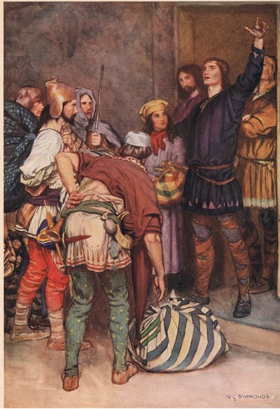 Hamlet üdvözli az utazó játékosokat Elsinore-ban, William Shakespeare „Hamlet” című művéből, a Hodder und Stoughton kiadásában 1915-ben alkotó: W. G. Simmonds