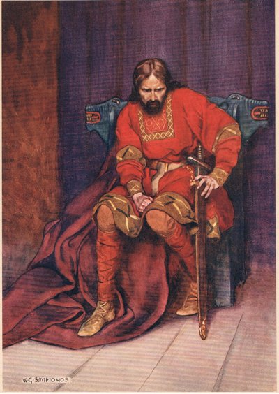 A király arról beszél, hogy Hamletet megölték, William Shakespeare Hamletéből, a Hodder und Stoughton kiadásában 1915-ben. alkotó: W. G. Simmonds