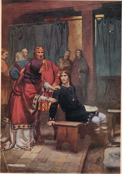 A királynő megpróbálja megvigasztalni Hamletet, William Shakespeare "Hamlet" című művéből, a Hodder und Stoughton kiadónál 1915-ben megjelent kiadásban. alkotó: W. G. Simmonds