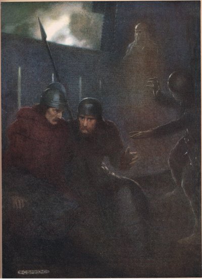 Hamlet apjának szelleme megjelenik William Shakespeare „Hamlet” című művéből, a Hodder und Stoughton kiadásában 1915-ben. alkotó: W. G. Simmonds