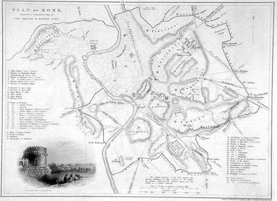 Róma, Olaszország: Ókori és modern lelőhelyek összehasonlító térképe, 1850 körül (metszet) alkotó: W Hughes