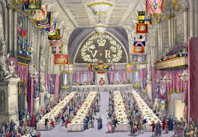 A közönséges kiáltó, aki az egészség pirítósát hirdeti Viktória királynőnek egy banketten a Guildhallban, 1837 alkotó: W. Lake