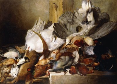 Döglött madarak csendélete; Falon lógó gém, kacsa, fácán, fogoly, erdei kakas, hattyú és galamb nyúl nyúllal, 1845 alkotó: W. Oakes