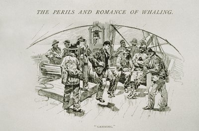 „Gaming” (a bálnavadászok pihennek és táncolnak a fedélzeten), a „The Perils and Romance of Whaling”-hoz a Century Magazine-ban, 1890. augusztus (metszet) alkotó: W. Taber