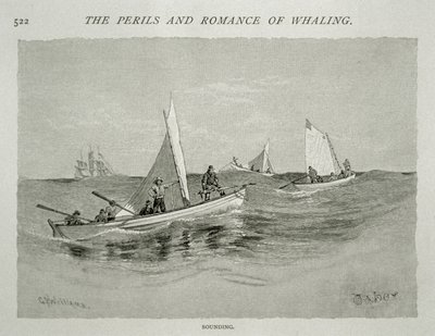 „Sounding” (kis csónakos legénység kézi szigonnyal készülnek a vadászatra), „The Perils and Romance of Whaling” a Century Magazine-ban, 1890. június (metszet) alkotó: W. Taber