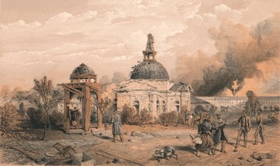 "Egyház a Redan hátsó részében, észak felé tekintve – A lövés és a lövedék hatásait mutatja be", 1856 alkotó: W Trask