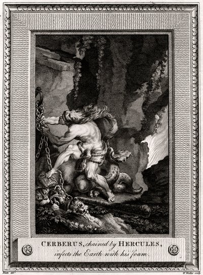 A Herkules által megláncolt Cerberus megfertőzi a Földet habjával, 1774 alkotó: W. Walker